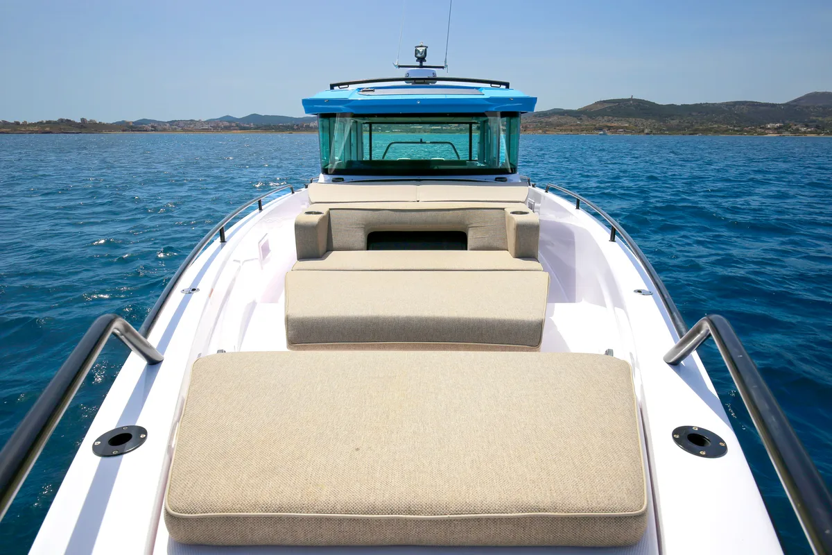 Deck of VIDA, a Axopar 37 XC Cross Cabin motorboat at Lavreotiki Municipal Unit, Greece