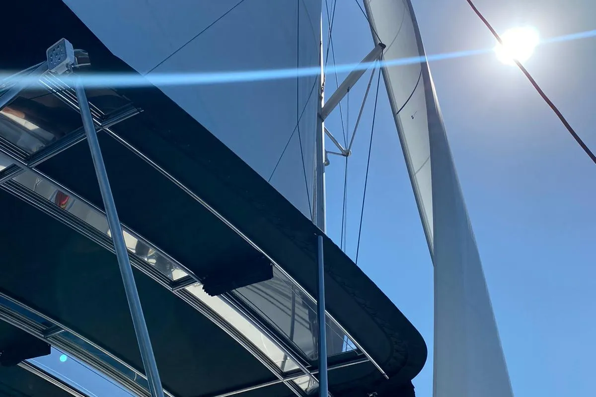 Exterior view of Ostraco, a Lagoon 46 catamaran at Lavreotiki Municipal Unit, Greece