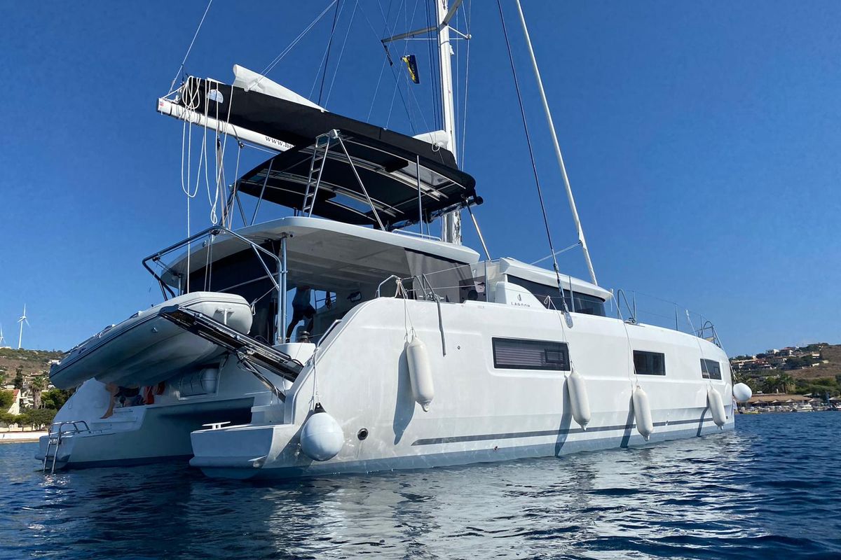 Exterior view of Ostraco, a Lagoon 46 catamaran at Lavreotiki Municipal Unit, Greece