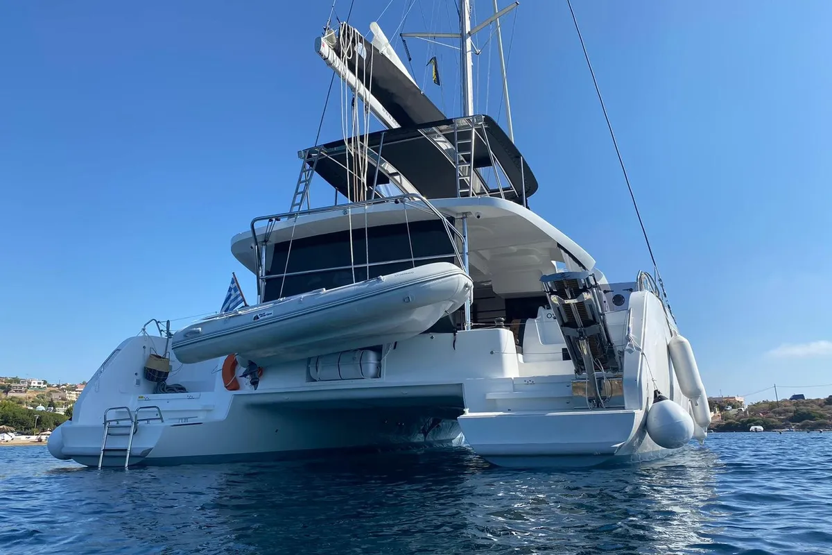 Exterior view of Ostraco, a Lagoon 46 catamaran at Lavreotiki Municipal Unit, Greece