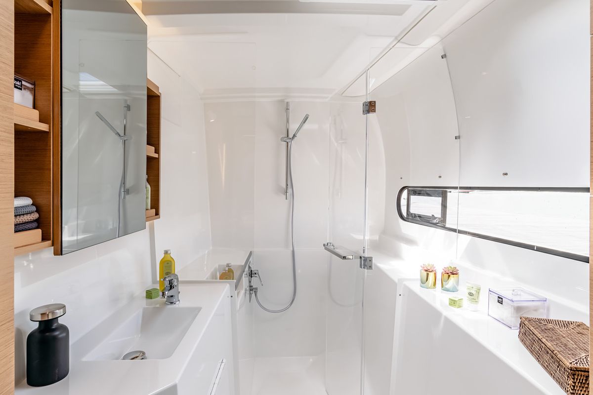 Cabin on The Nauti Salesman, a Excess 11 catamaran at Central Abaco, Bahamas