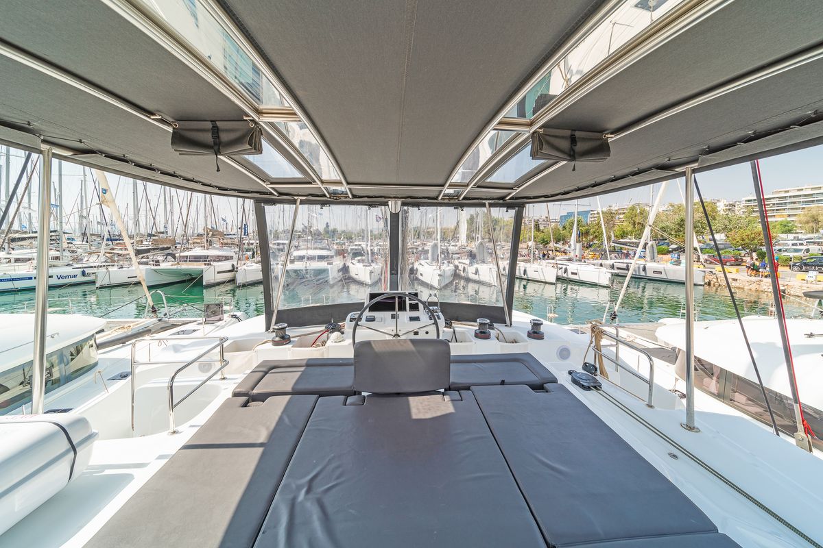 Cockpit of Reina, a Lagoon 50 catamaran at Athens, Greece