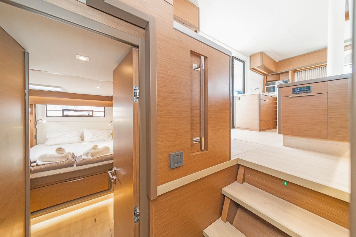 Salon of Reina, a Lagoon 50 catamaran at Athens, Greece