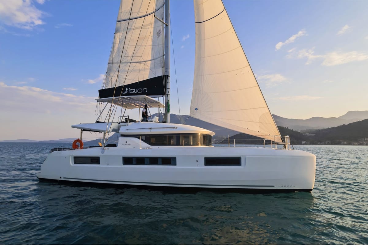 Exterior view of Reina, a Lagoon 50 catamaran at Athens, Greece