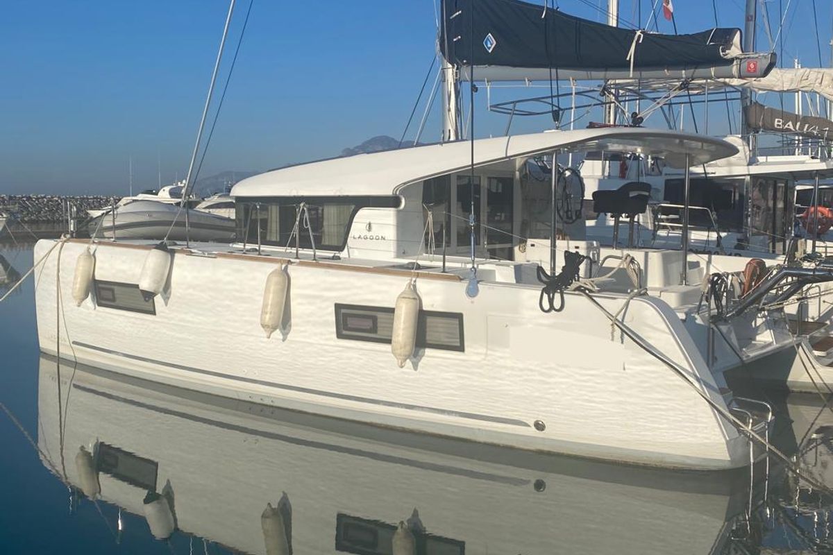 Exterior view of Regolo, a Lagoon 40 catamaran at Salerno, Italy