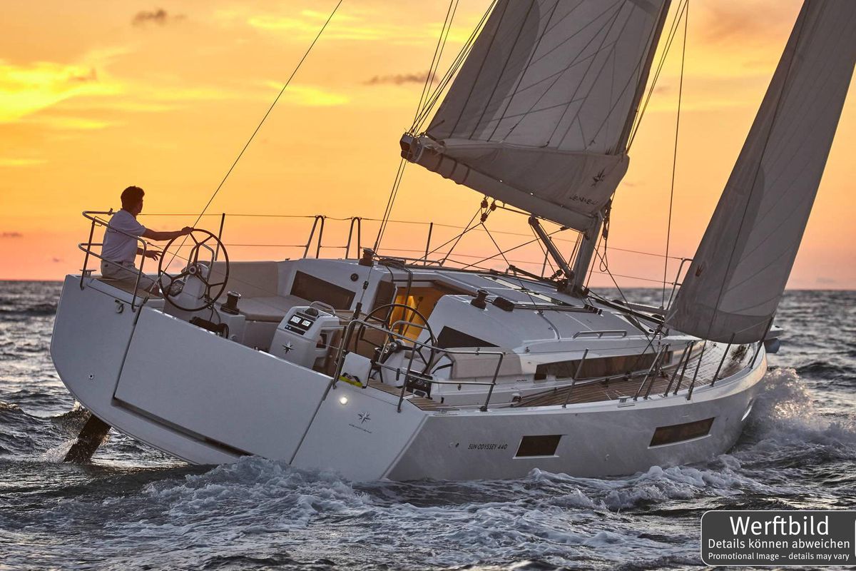 Exterior view of Carlotta, a Jeanneau Sun Odyssey 440 sailboat at Palma de Mallorca, Spain
