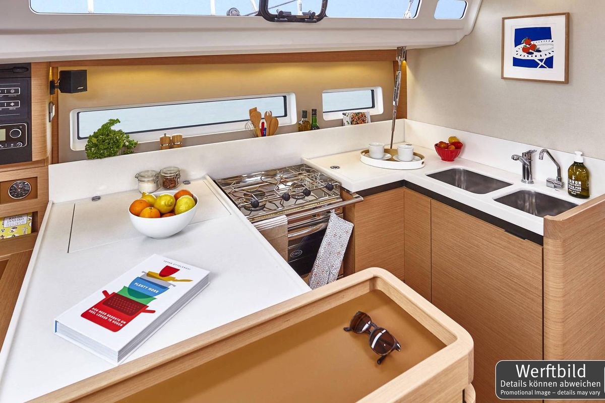 Galley of Carlotta, a Jeanneau Sun Odyssey 440 sailboat at Palma de Mallorca, Spain
