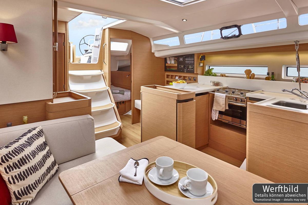 Galley of Carlotta, a Jeanneau Sun Odyssey 440 sailboat at Palma de Mallorca, Spain