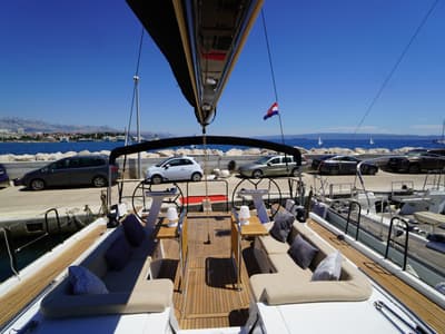Deck of Zenith, a Beneteau First 53 sailboat at Grad Kaštela, Croatia