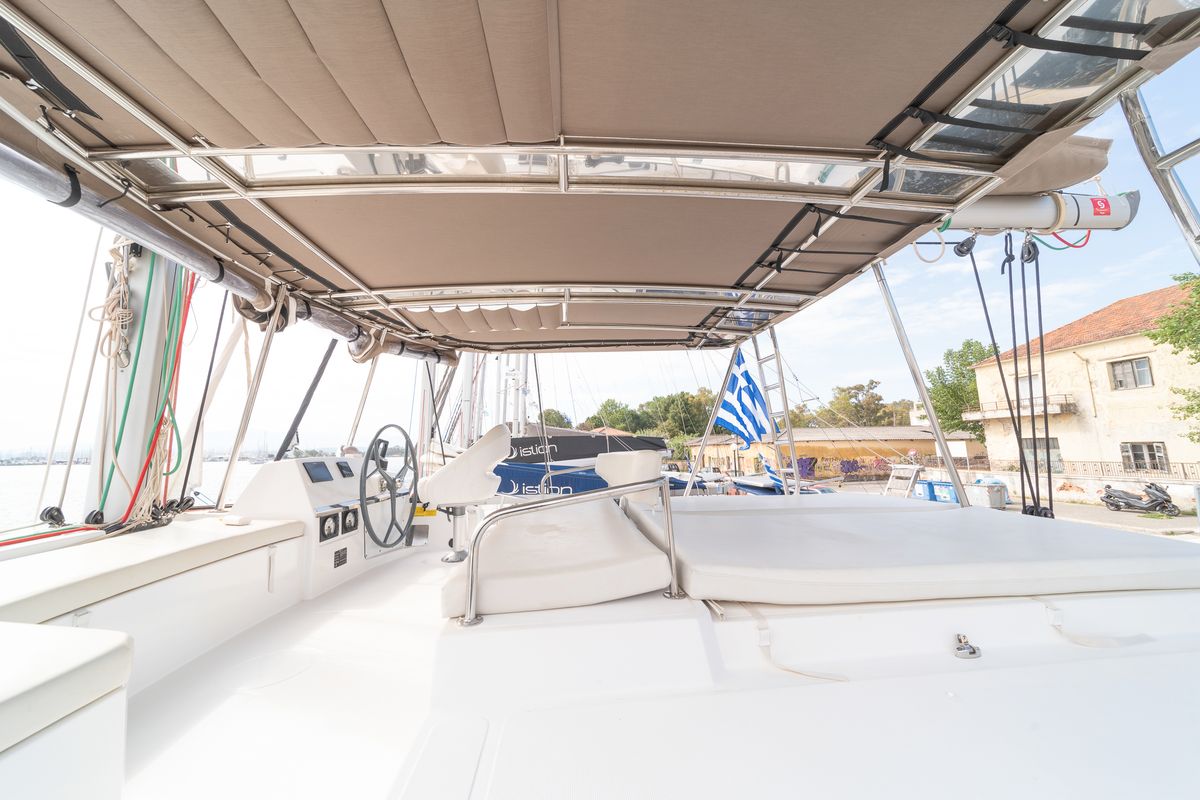 Deck of Annita, a Bali 4.3 catamaran at Preveza, Greece