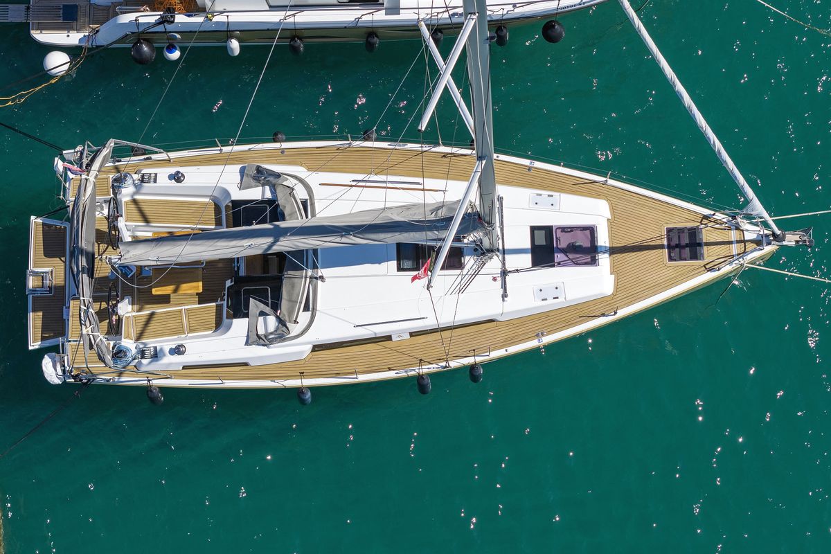 Exterior view of Pollux, a Hanse Yachts Hanse 418 sailboat at Grad Kaštela, Croatia