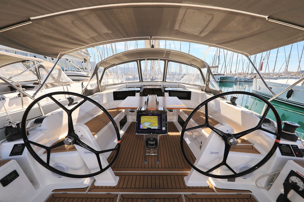 Cockpit of Pollux, a Hanse Yachts Hanse 418 sailboat at Grad Kaštela, Croatia