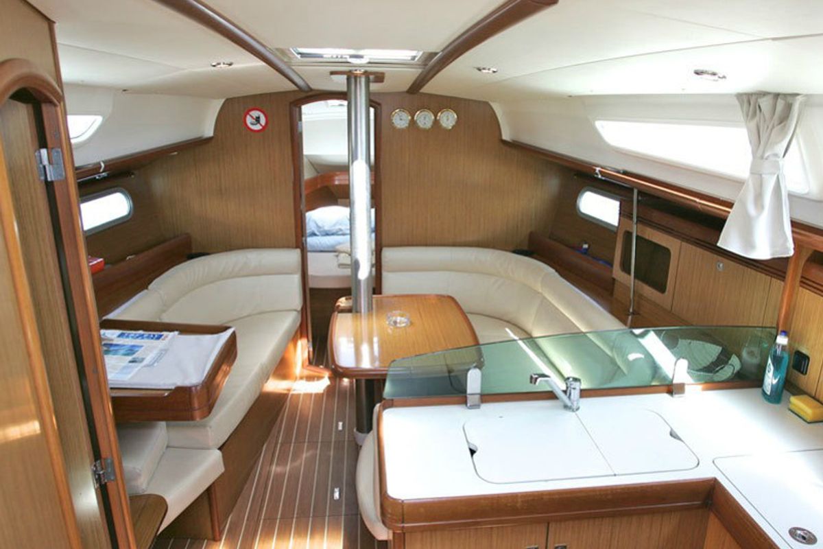 Salon of Sunny, a Jeanneau Sun Odyssey 36i sailboat at Municipal Unit of Rhodes, Greece