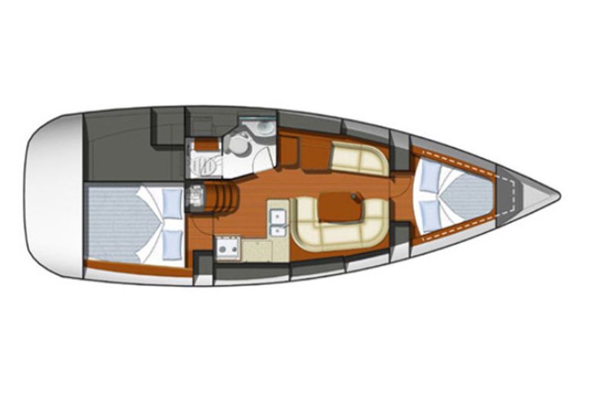 Floor plan of Sunny, a Jeanneau Sun Odyssey 36i sailboat at Municipal Unit of Rhodes, Greece