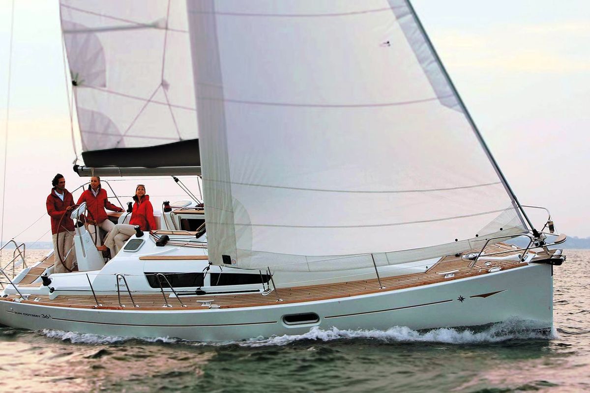 Exterior view of Sunny, a Jeanneau Sun Odyssey 36i sailboat at Municipal Unit of Rhodes, Greece