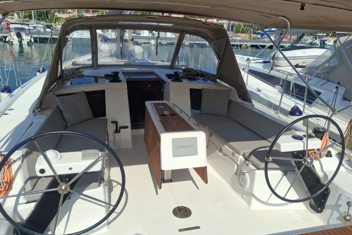 Cockpit of Malimè, a Dufour 430 sailboat at Procida, Italy