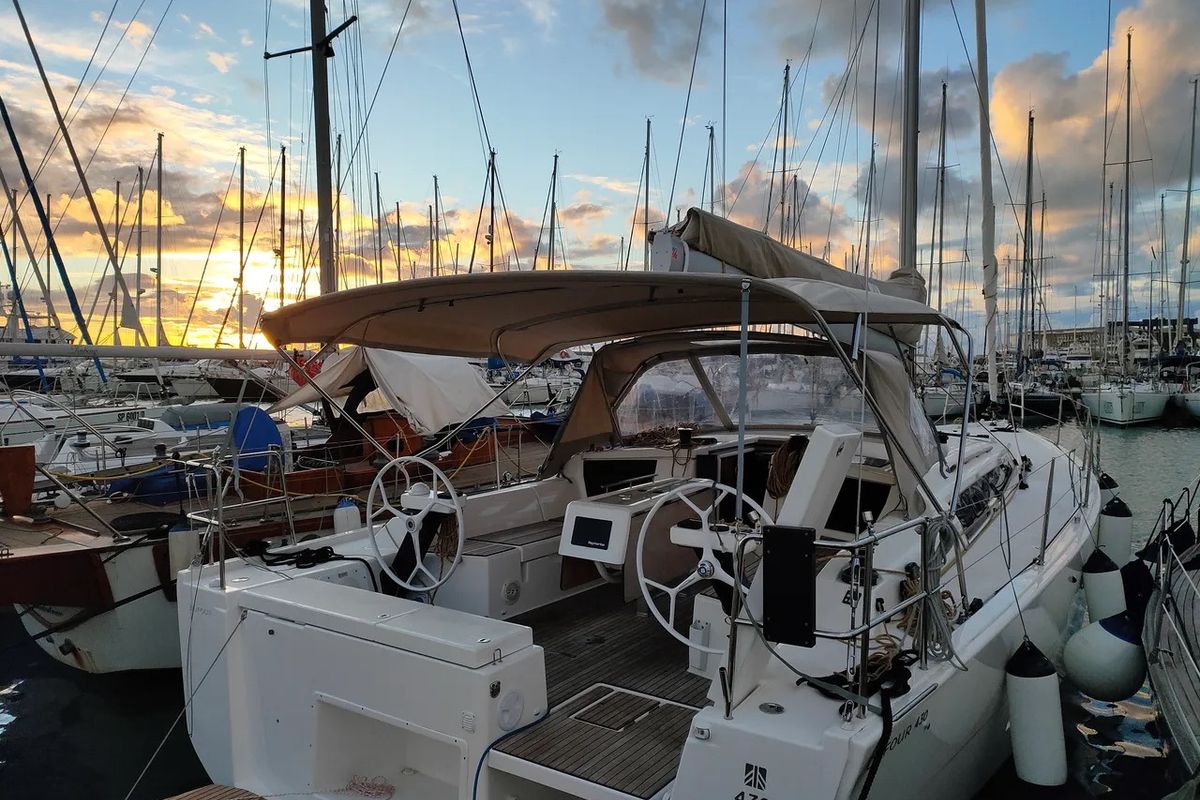 Cockpit of Malimè, a Dufour 430 sailboat at Procida, Italy