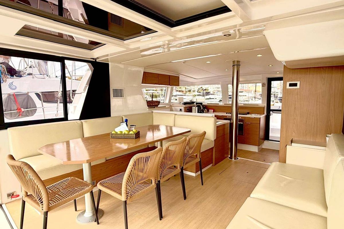 Salon of Stelina II, a Bali 4.2 catamaran at Preveza, Greece