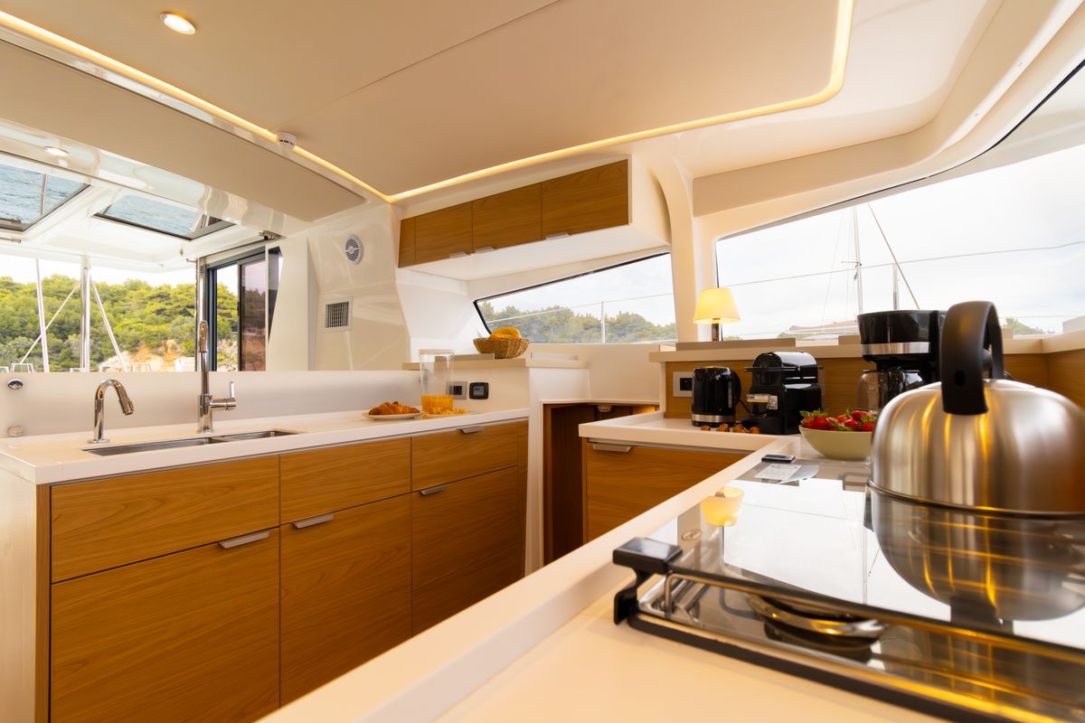 Galley of Stelina II, a Bali 4.2 catamaran at Preveza, Greece