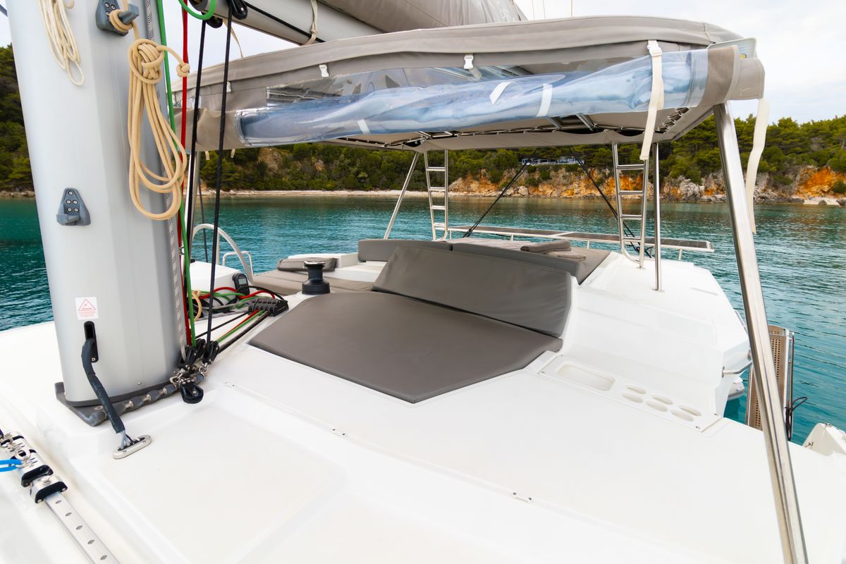 Deck of Stelina II, a Bali 4.2 catamaran at Preveza, Greece