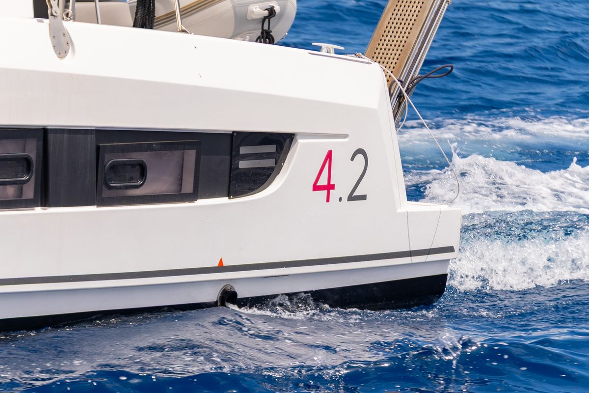 Exterior view of Stelina II, a Bali 4.2 catamaran at Preveza, Greece
