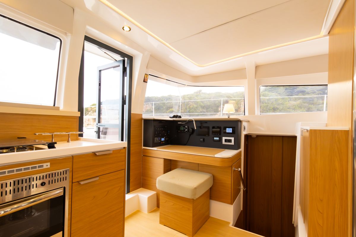 Salon of Stelina II, a Bali 4.2 catamaran at Preveza, Greece