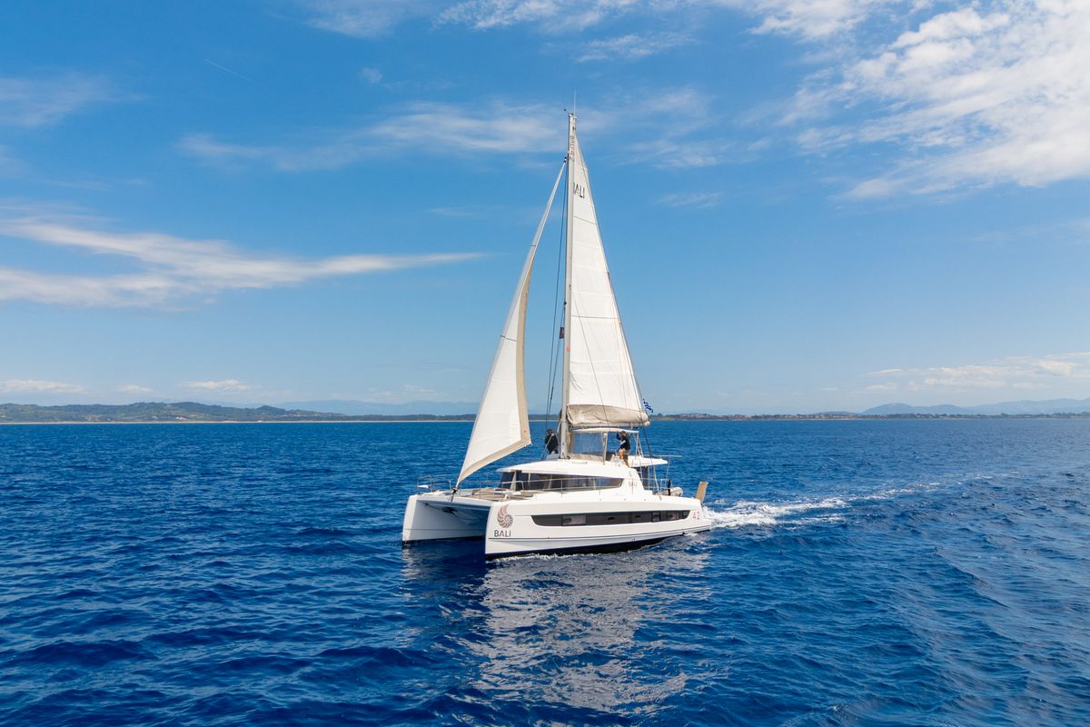 Exterior view of Stelina II, a Bali 4.2 catamaran at Preveza, Greece