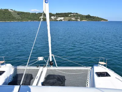 Deck of ANTEL AC,Gen,W.maker, a Lagoon 42 catamaran at Athens, Greece