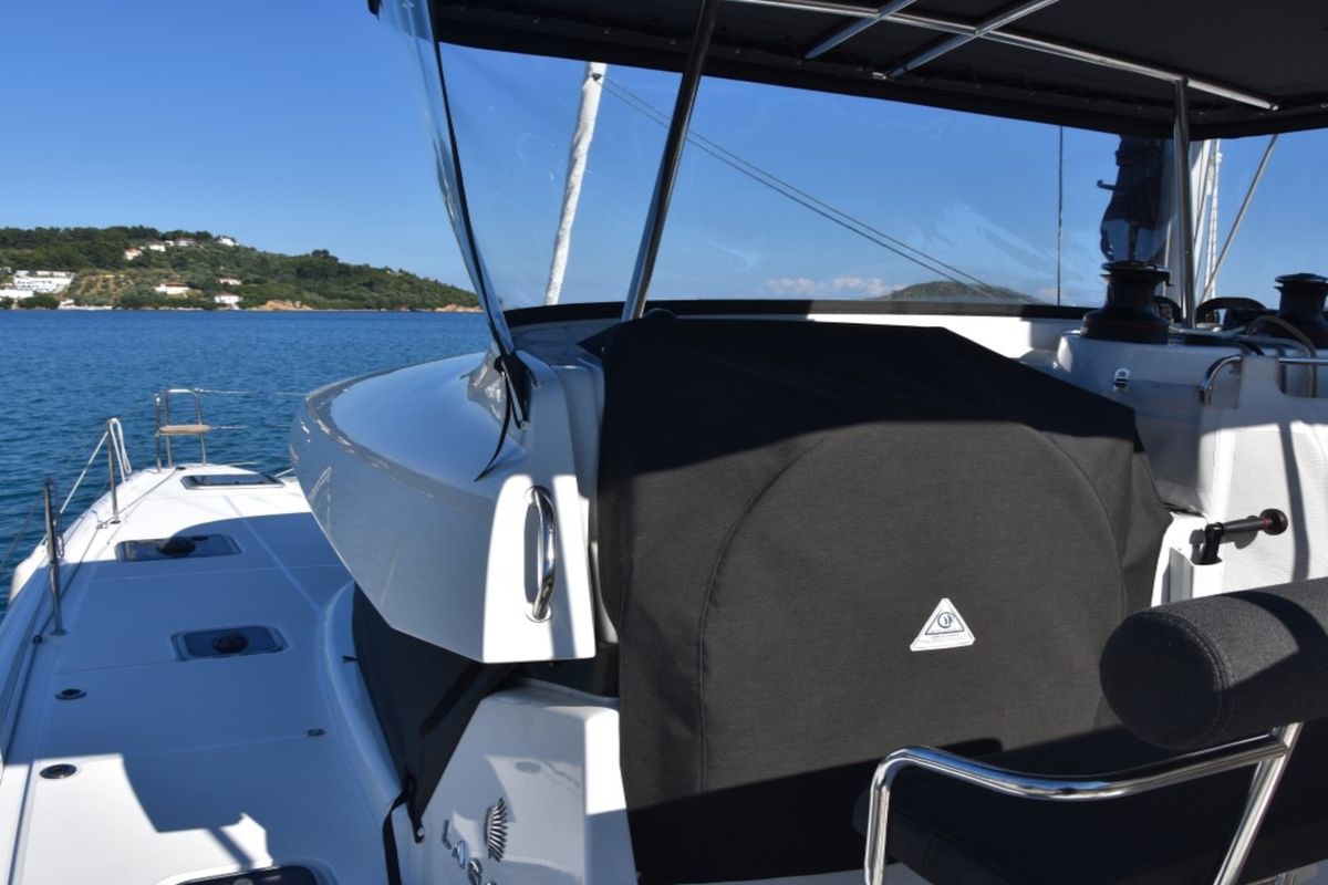 Cockpit of ANTEL AC,Gen,W.maker, a Lagoon 42 catamaran at Athens, Greece