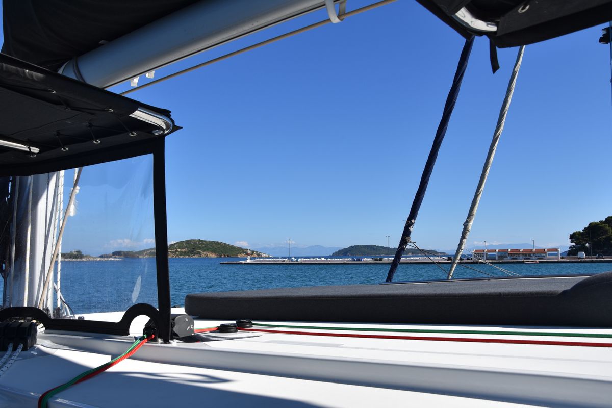 Deck of ANTEL AC,Gen,W.maker, a Lagoon 42 catamaran at Athens, Greece