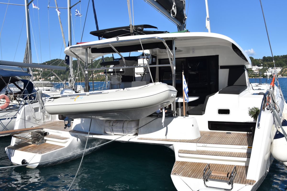 Exterior view of ANTEL AC,Gen,W.maker, a Lagoon 42 catamaran at Athens, Greece