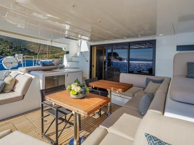 Deck of VALIUM 55, a Lagoon 55 catamaran at Municipal Unit of Nea Peramos, Greece