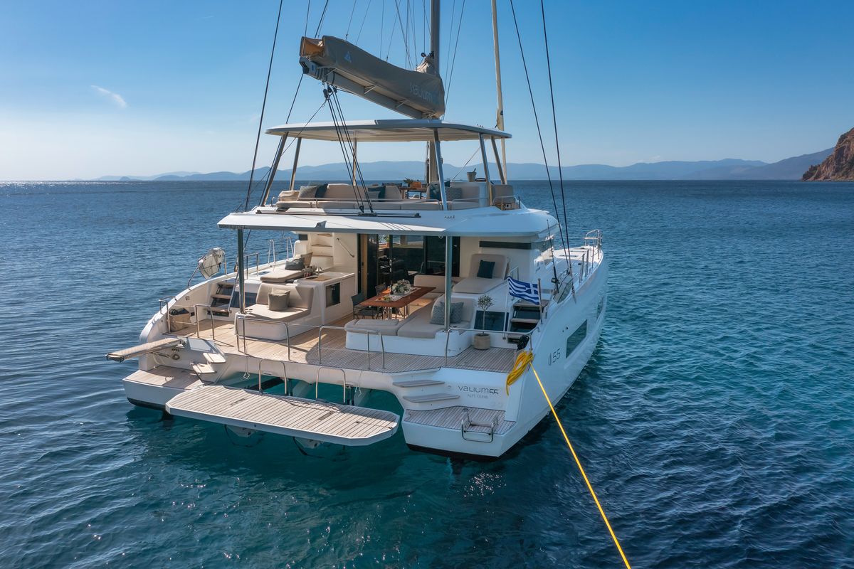 Exterior view of VALIUM 55, a Lagoon 55 catamaran at Municipal Unit of Nea Peramos, Greece