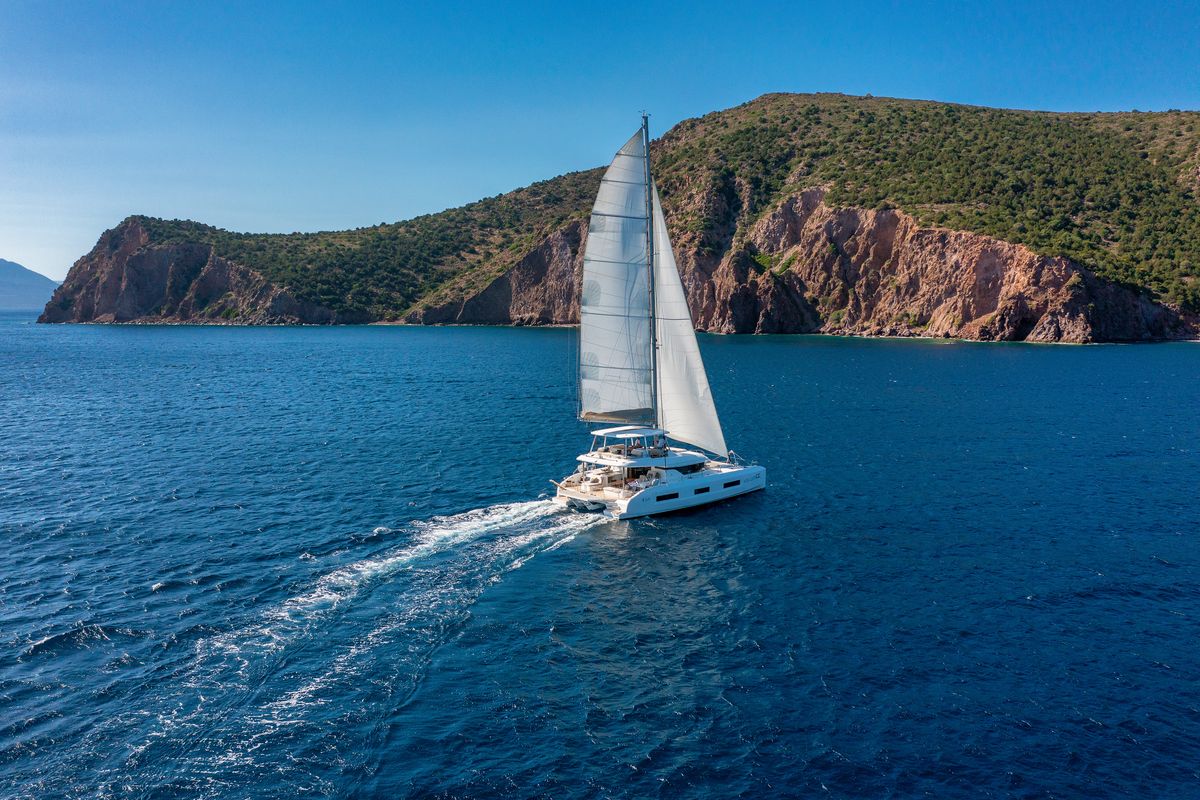 Exterior view of VALIUM 55, a Lagoon 55 catamaran at Municipal Unit of Nea Peramos, Greece
