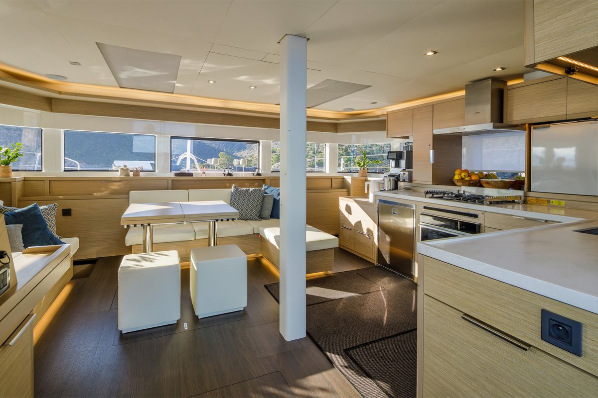 Salon of VALIUM 55, a Lagoon 55 catamaran at Municipal Unit of Nea Peramos, Greece
