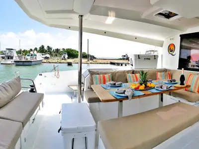 Deck of Tranquilo, a Fountaine Pajot Saona 47 catamaran at Belize City, Belize