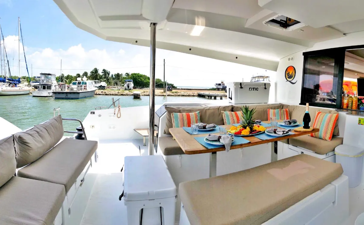 Deck of Tranquilo, a Fountaine Pajot Saona 47 catamaran at Belize City, Belize