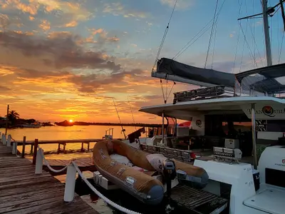 Exterior view of Tranquilo, a Fountaine Pajot Saona 47 catamaran at Belize City, Belize