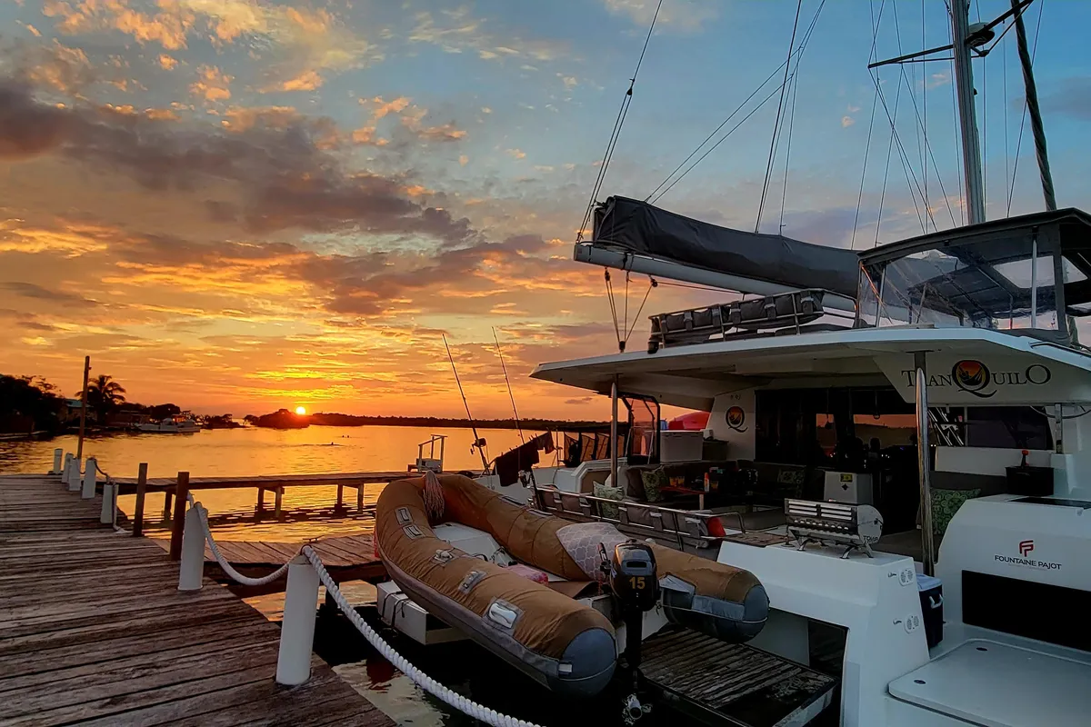 Exterior view of Tranquilo, a Fountaine Pajot Saona 47 catamaran at Belize City, Belize