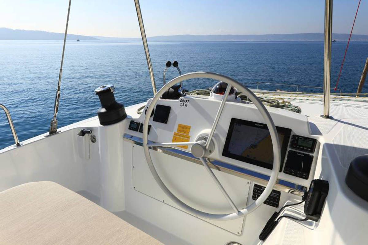Cockpit of Beau Loup, a Bali 4.4 catamaran at Seychelles, Eden Island Marina, Seychelles