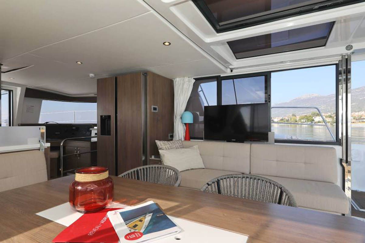 Salon of Beau Loup, a Bali 4.4 catamaran at Seychelles, Eden Island Marina, Seychelles