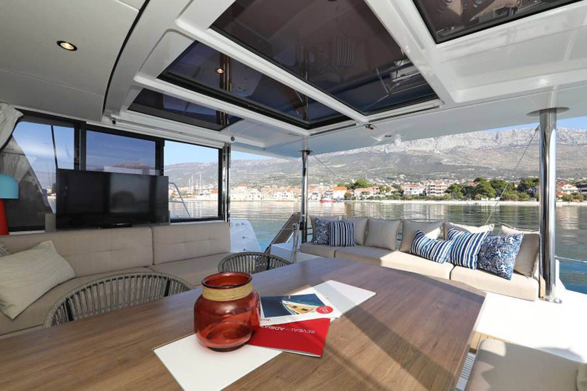 Salon of Beau Loup, a Bali 4.4 catamaran at Seychelles, Eden Island Marina, Seychelles