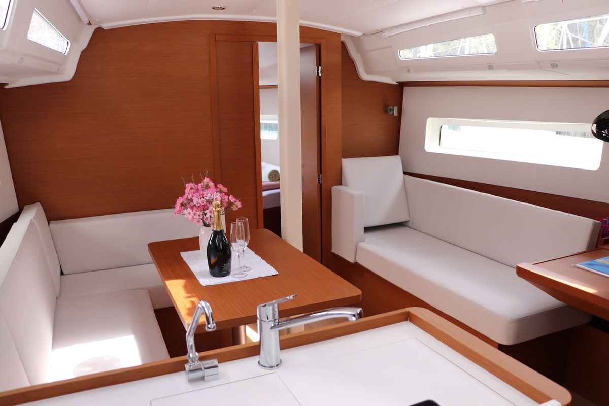 Salon of Bura Kiss, a Jeanneau Sun Odyssey 380 sailboat at Dubrovnik, Croatia