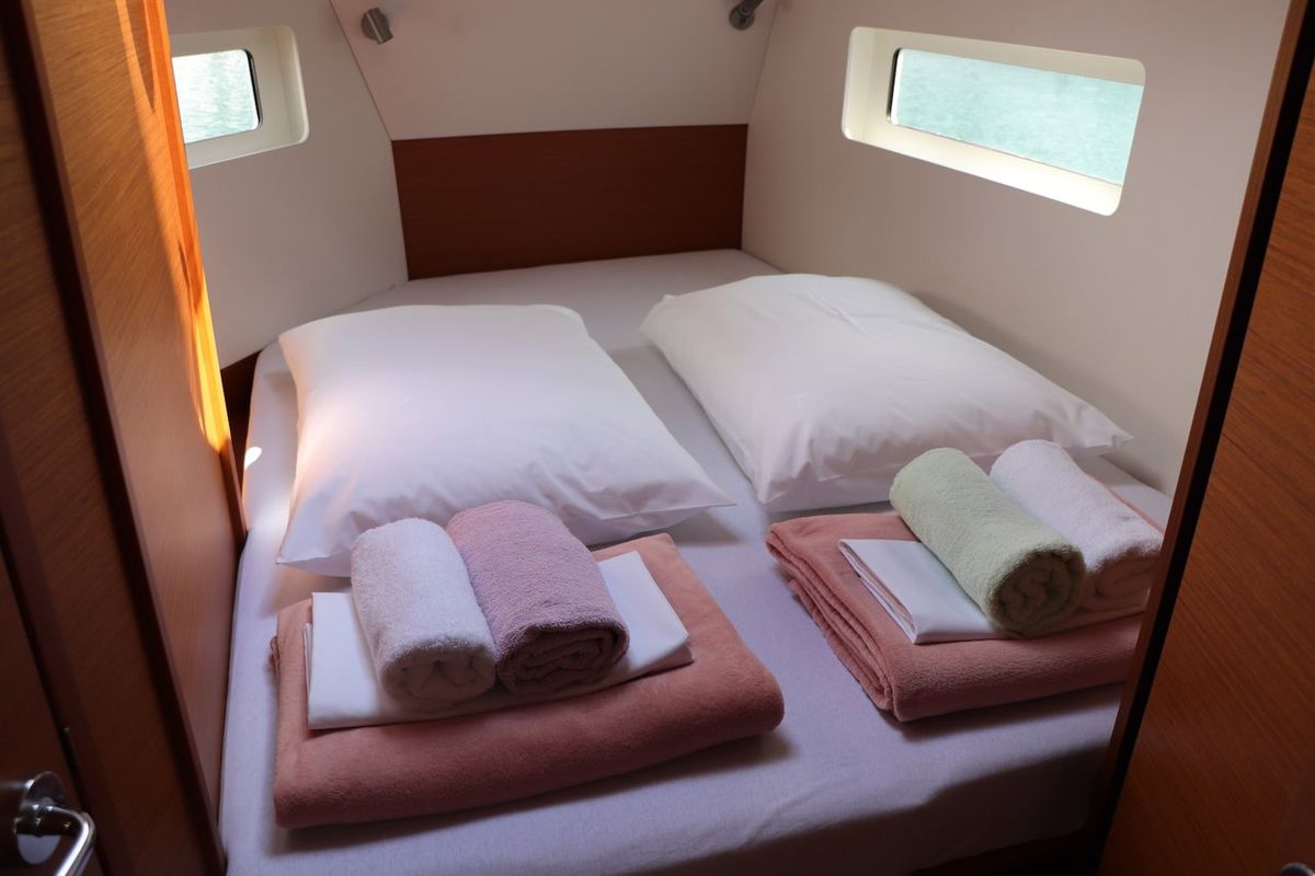 Cabin on Bura Kiss, a Jeanneau Sun Odyssey 380 sailboat at Dubrovnik, Croatia