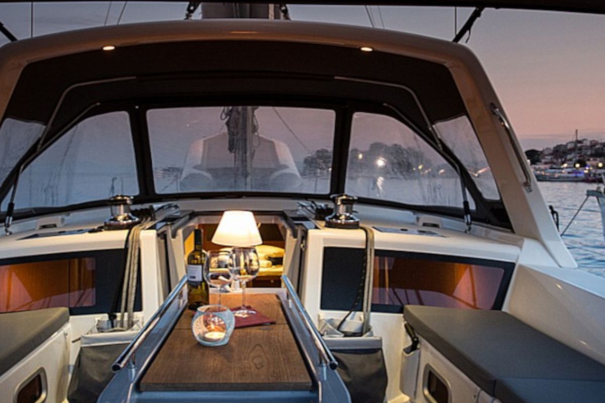 Cockpit of INVICTUS, a Beneteau Oceanis 48 sailboat at Skiathos, Greece