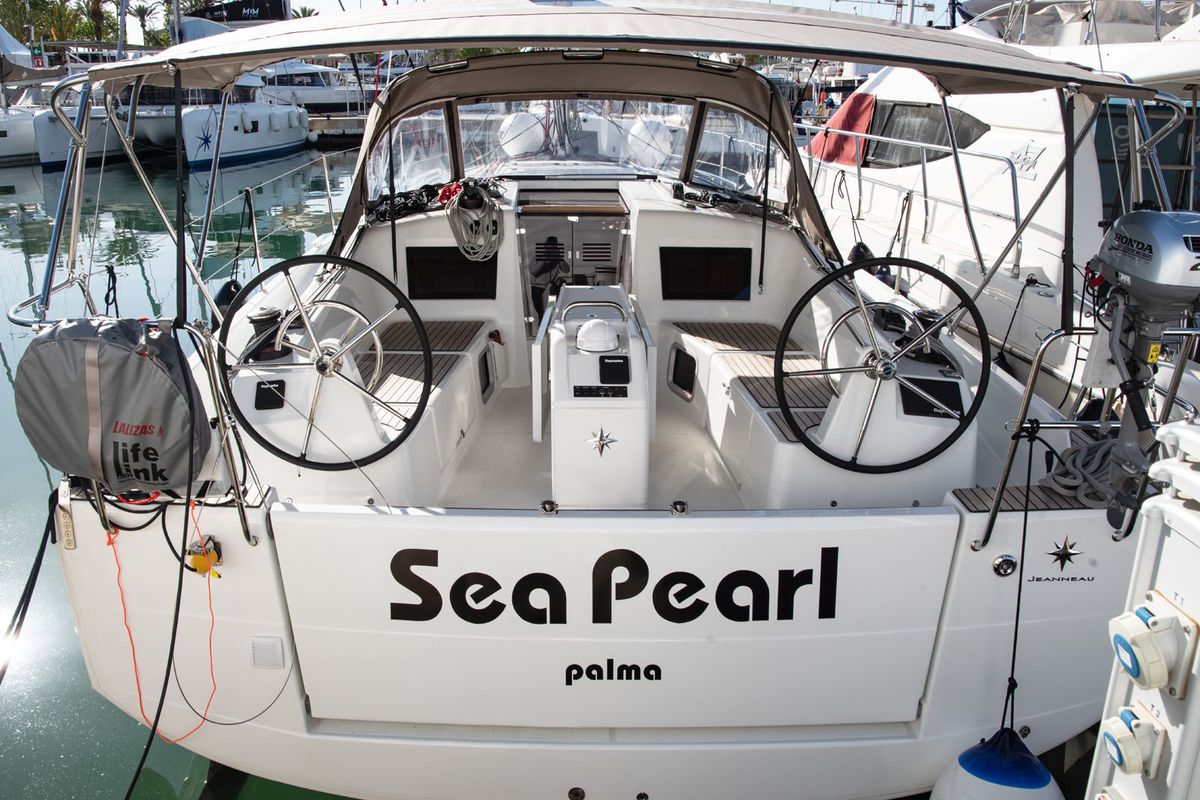 Cockpit of Sea Pearl, a Jeanneau Sun Odyssey 410 sailboat at Palma de Mallorca, Spain