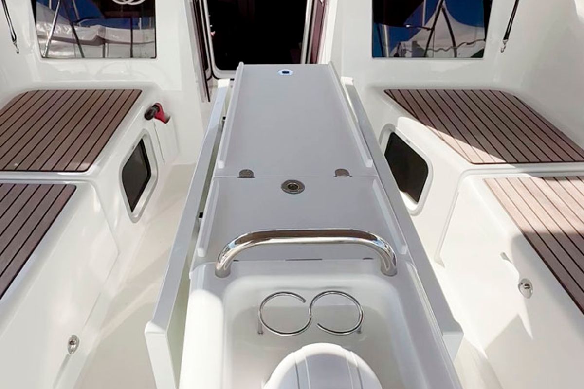 Cockpit of Sea Pearl, a Jeanneau Sun Odyssey 410 sailboat at Palma de Mallorca, Spain