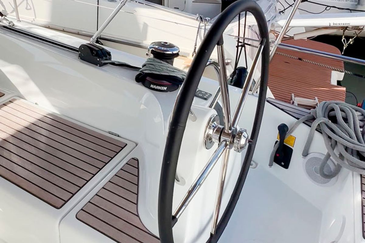 Cockpit of Sea Pearl, a Jeanneau Sun Odyssey 410 sailboat at Palma de Mallorca, Spain