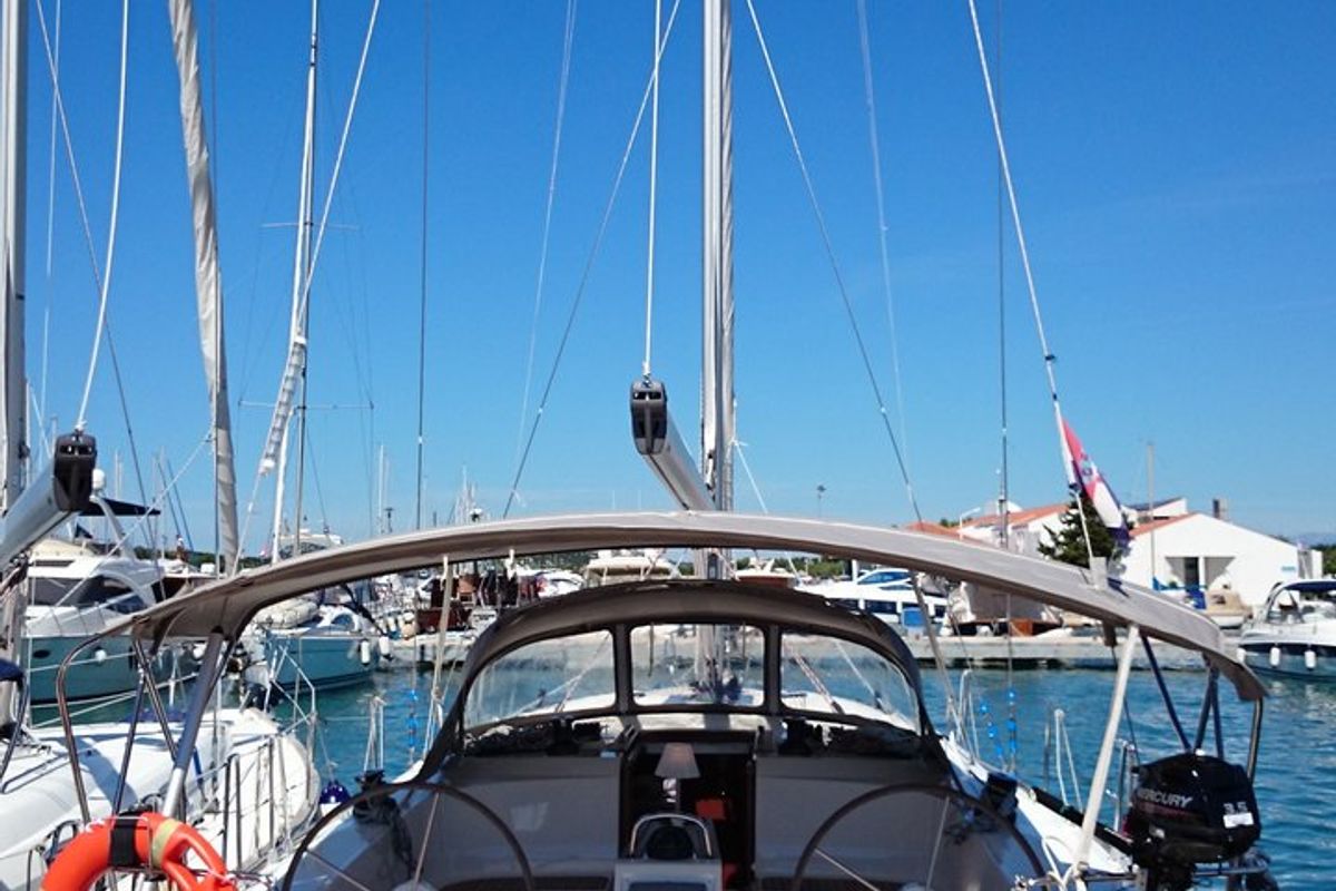 Exterior view of MH 49, a Bavaria Cruiser 46 sailboat at Murter, Croatia