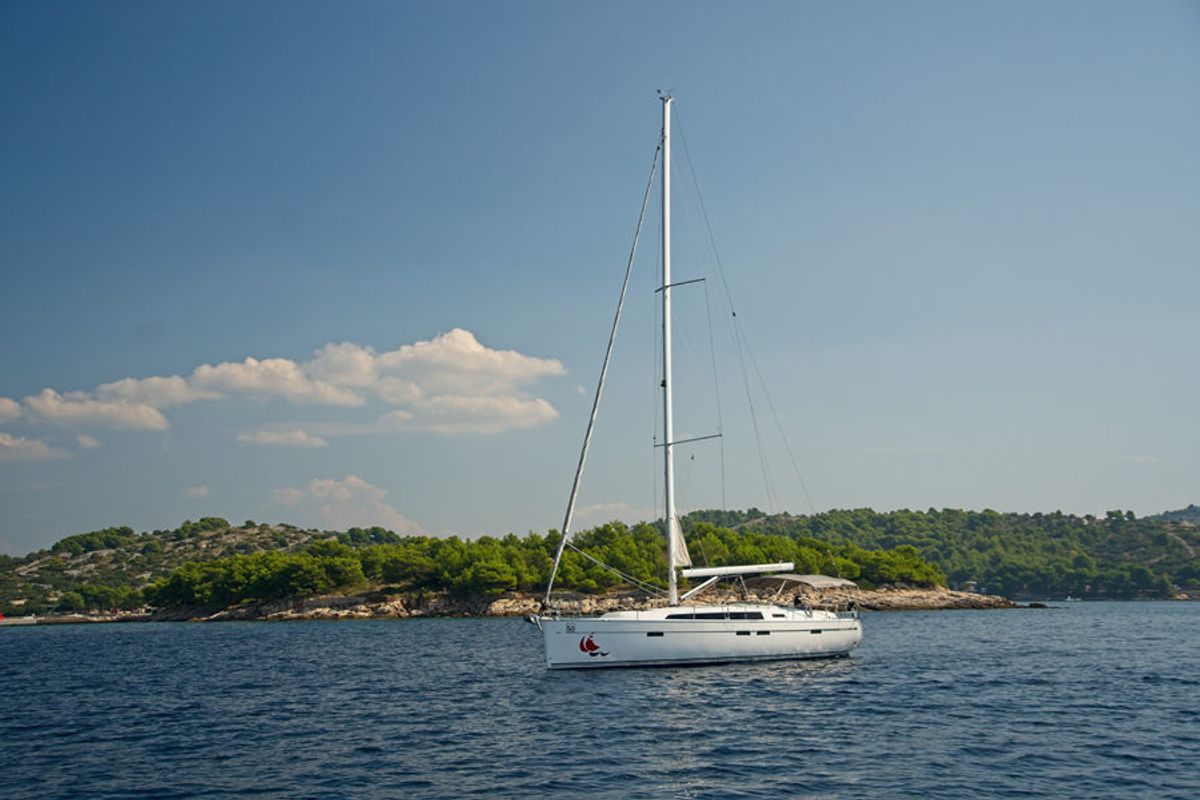 Exterior view of MH 49, a Bavaria Cruiser 46 sailboat at Murter, Croatia